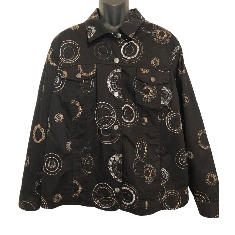 JM Collections Women’s Size 22W Black Denim Jacket  Embroidered Geometric Design